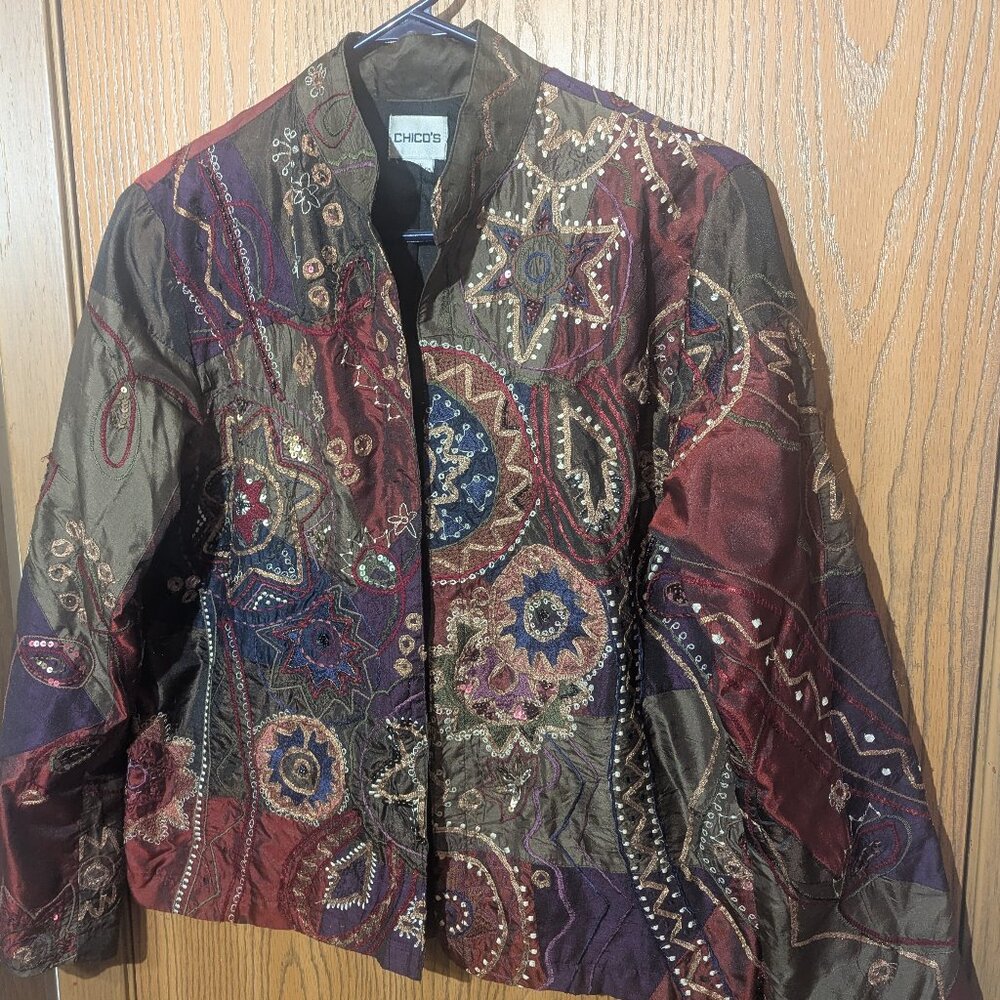 VTG Chico's Silk Blend Open Front Patchwork Geometric Sequin Blazer Jacket-S